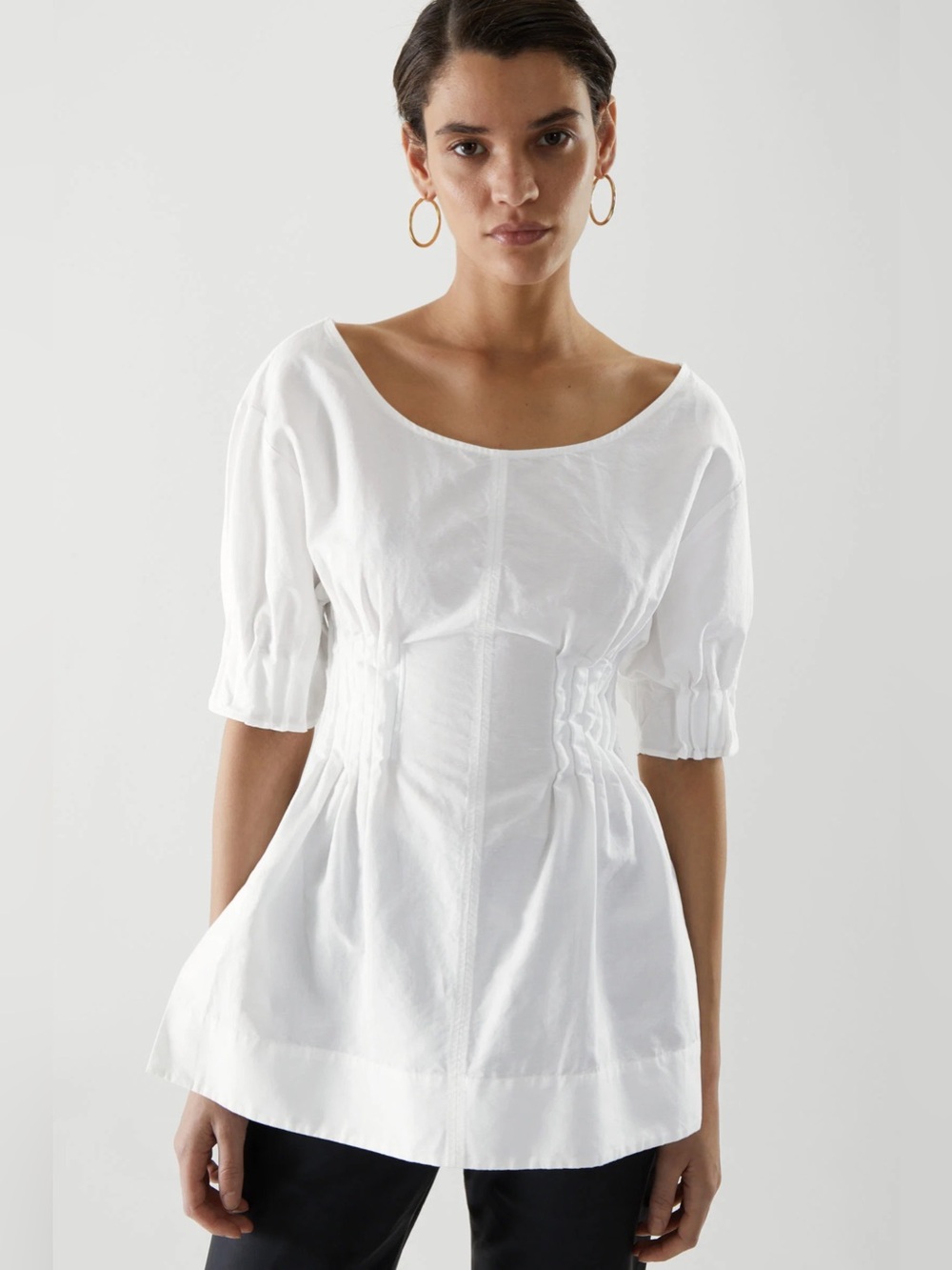 COS Gathered Scoop Neck White Peasant Style Puff Sleeve Top